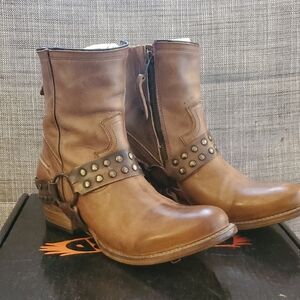 Brown Leather Ankle Boots with Studded Strap